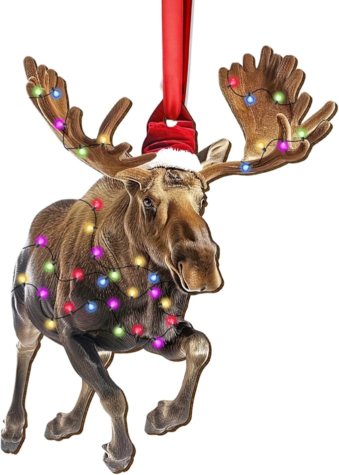 Moose Christmas Ornament - Wooden 2-Side Printed Elk Deer Hanging Ornament for Xmas Tree, Gifts for Moose Lovers