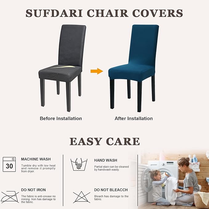 Sufdari Dining Chair Covers,Kitchen Chair Cover,Parsons Chair Slipcover,Spandex Chair Protectors for Dining Room Stretch Chairs Cover Set of 6 -Teal Blue