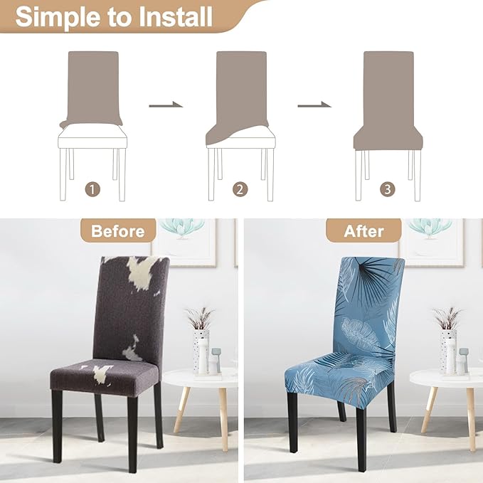 SearchI Summer Pattern Dining Room Chair Covers Set of 4, Stretch Printed Parsons Chair Slipcovers Spandex Removable Washable Kitchen Chair Protector Cover for Dining Room, Hotel, Ceremony (Blue)