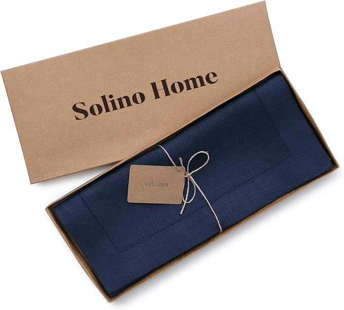 Solino Home Linen Navy Blue Table Runner 72 Inches Long - 100% Pure Linen Hemstitch Table Runner 14 x 72 Inch for Dresser, Dining, Winter, Easter - Classic Hemstitch