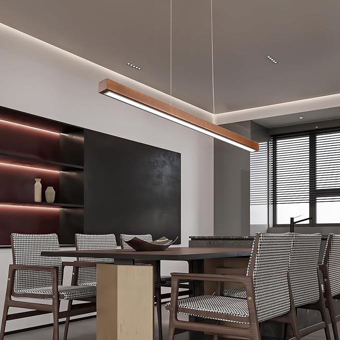 31.5" Wood Linear Pendant Light – Dimmable LED Chandelier with Remote, Adjustable Modern Farmhouse Lighting for Kitchen Islands, Dining Rooms & Bars Walnut Color (19W Energy-Efficient)