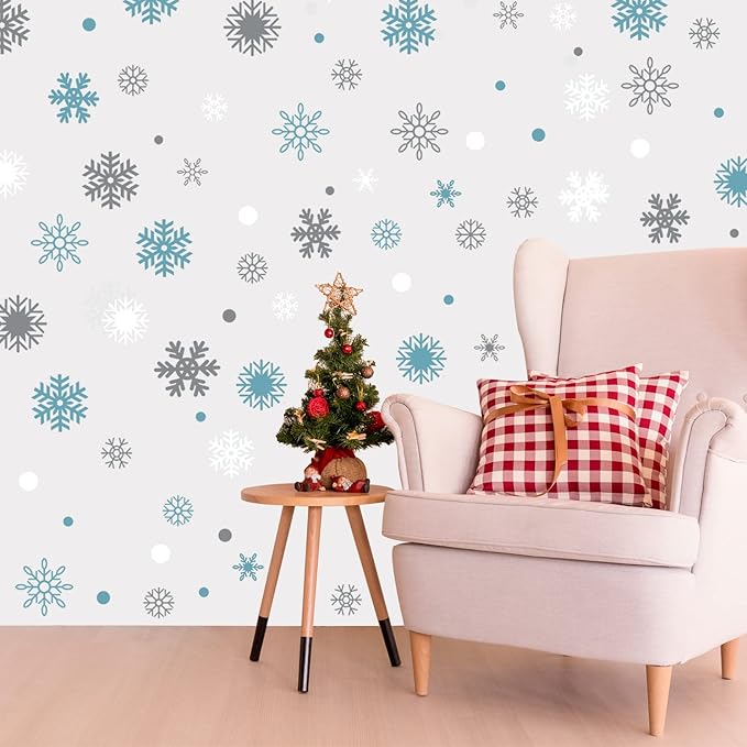 Outus 249 Pcs/ 6 Sheets Winter Snowflakes Wall Decals Snowflake Winter Party Silver and Blue Wall Decals Removable Home Decor(Blue, Grey, White)