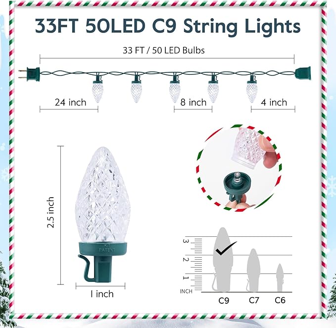 Brightown 2 Pack White C9 LED Christmas Lights Outdoor, 33ft 50 LED Waterproof Strawberry String Lights, Plug-in Extendable Green Wire Lights String for Outdoor Indoor Patio Party Decoration