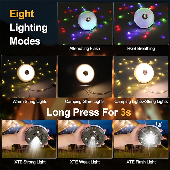 Camping String Lights,4 in 1 Portable 32.8FT Light,Rechargeable Outdoor String Lights with 8 Lighting Modes,Hanging Portable LED Lamp for Christmas,Garden,Camping Essentials