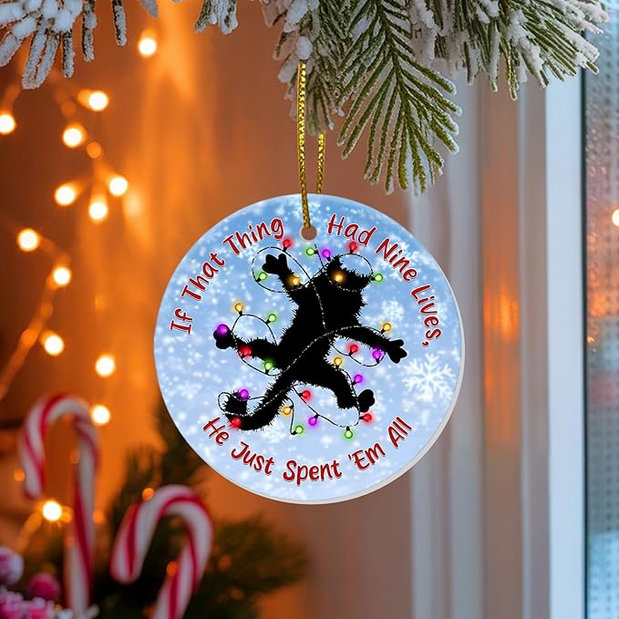 Fried Cat Rug Christmas Ornament – Vacation Movie Themed Xmas Decor, Funny Black Cat Tangled in Lights Lover Gifts, Holiday Tree Keepsake 2025