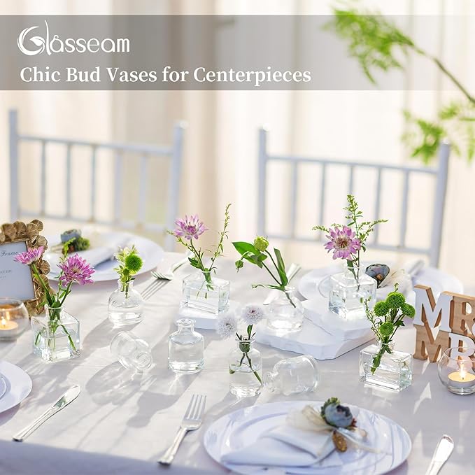 Glasseam Mini Glass Bud Vases: Small Clear Vases for Centerpieces Cute Tiny Flower Vase Set of 10 for Flowers Modern Centerpiece Decor for Wedding Party Dining Room Decoration