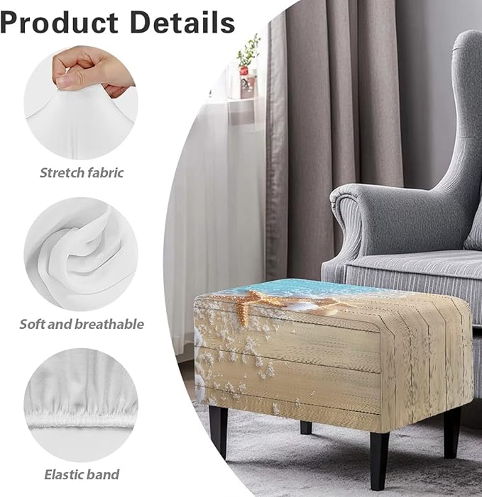 Ottoman Cover Rectangular Slipcovers Starfish Shell Soft Stretch Foot Stool Covers for Ottoman Pet Proof Storage Footstool Protector with Elastic Bottom for Office Living Room Size L