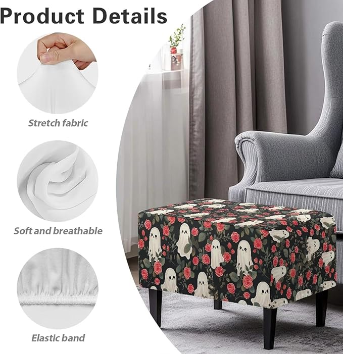 Halloween Rose Ghost Ottoman Cover - Scary Print Stretch Slipcover with Non-Slip Elastic Bottom, Fits Rectangular Storage Footstools, 33x30x15 Inch Holiday Party Decor