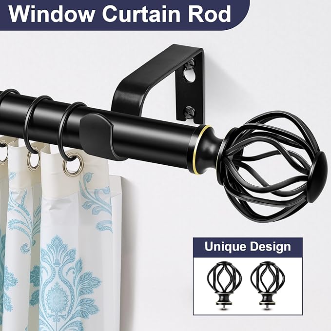 Black Curtain Rods for Windows 48-90Inch(4-7.5ft), Heavy Duty 1 Inch Adjustable Curtain Rod, Decorative Window Rods for Living Room, Bedroom, Dining Room & Patio