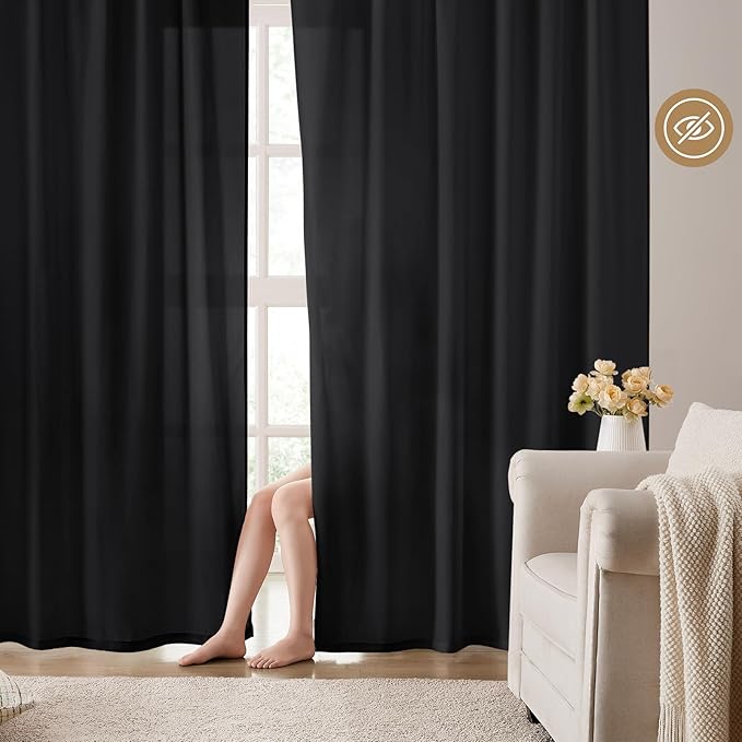 HOMEIDEAS Halloween Non-See-Through Black Privacy Sheer Kitchen Curtains 24 Inches Long 2 Panels Set Light Filtering Curtains for Living Room Bedroom Drapes,W30xL24
