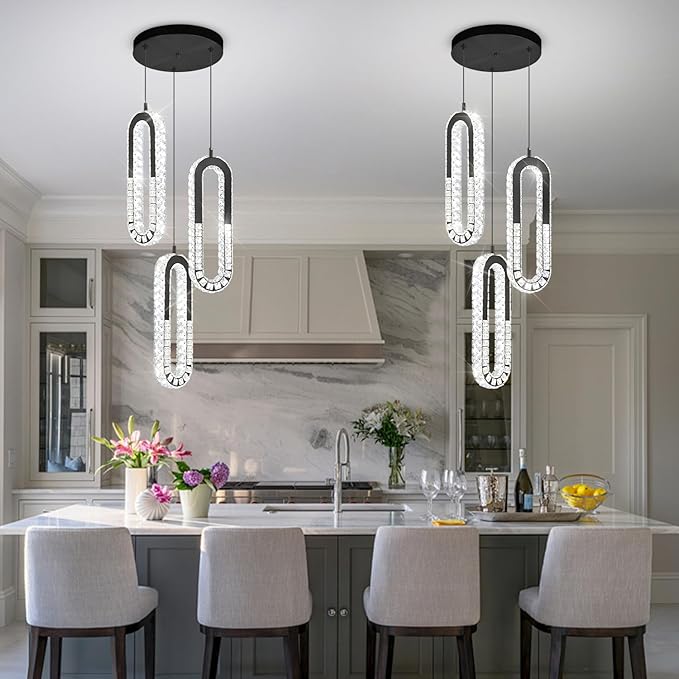 3-Light Pendant Lighting,Dining Room Chandelier Light Fixture Modern Hanging Chandeliers for Hallway Entryway Bedroom Kitchen Island (Black Crystal Chandelier)