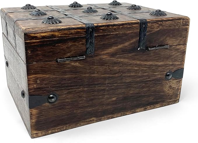 Nautical Cove Treasure Chest Wooden Box with Antique Iron Lock and Skeleton Key (Small 8x6x4.5) - Storage and Decor – Pirate Keepsake Chest, Decorative Storage Box with Hinged Lid