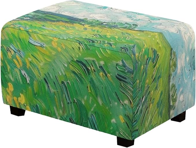 Small Ottoman Cover, Van Gogh Wheat Field Oil Painting Rectangle Ottoman Slipcover 30x24x15 Inch Form Fit Elastic Protector Covers for Foot Stool Folding Storage Furniture
