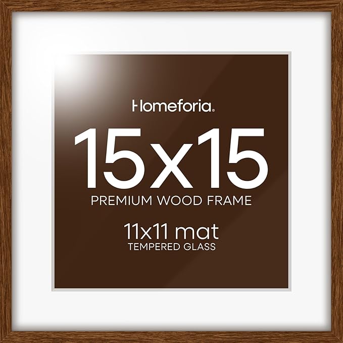 Homeforia 15x15 Picture Frame Brown, High End Dark Oak 15 x 15 Square Wood Frame with Mat 11 x 11 for Photo, 15by15 Wooden Walnut Poster Frame Matted to 11x11 Print, Tempered Glass, Wall Kit, Set of 1