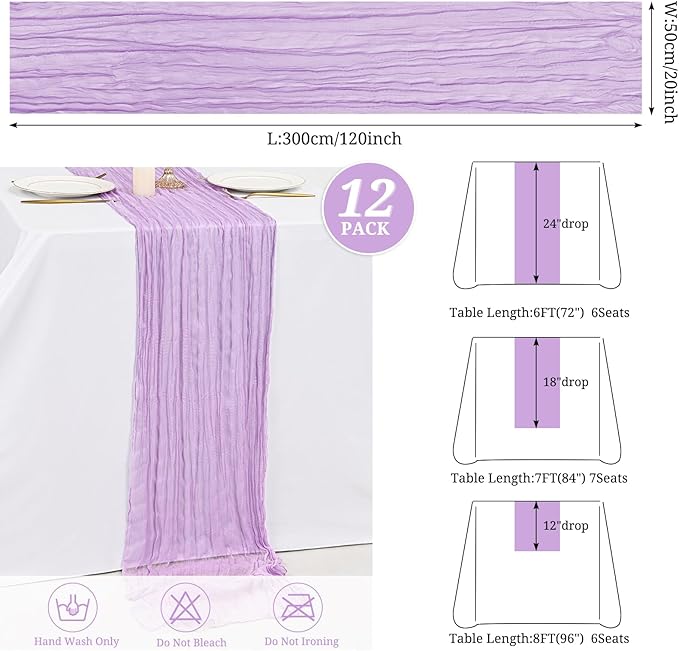 12 Pack Lavender Cheesecloth Table Runner 10FT Cheese Cloths for Wedding Decor, 20x120inch Rustic Boho Gauze Table Runners for Wedding Party Bridal Shower Table Decoration