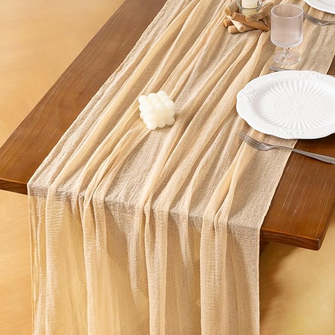Socomi 3pcs Beige Cheesecloth Table Runner Valentine's Day Gauze 120 Inch Rustic Boho Cheese Cloth Runner for Wedding Party Baby Bridal Shower Centerpiece Decoration Holiday Home Decorations