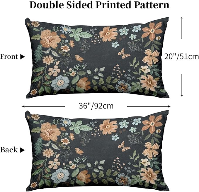 Floral Pillow Protectors with Zipper Standard Size Boho Wildflower Pillow Covers Set of 2 Rustic Moody Botanical King Size Pillowcases Farmhouse Dark Pillowcover Bedding Decorative 36"x20"