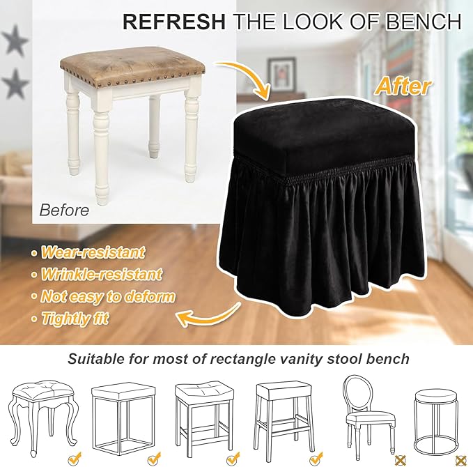 NICEEC Spandex Stretch Vanity Bench Cover with Skirt Removable Super Soft Rectangle Bench Slipcover Washable Bench Cushion Seat Covers for Living Room Bedroom Kitchen(Black)