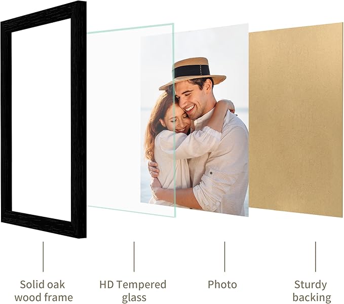 9x12 Picture Frame - 9 x 12 Photo Frame Made of Solid Oak Wood and Real Glass,Display Picture 2 Opening 5x7 with Mat or 9x12 Without Mat for Wall & Tabletop(Color Black)