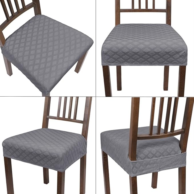 SearchI Stretch Dining Chair Seat Covers Set of 4, Soft Removable Washable Seat Covers for Dining Chairs, Dining Room Seat Cover Slipcover Protector (Rear-Covered, Grey Diamond Jacquards)
