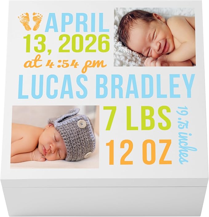 Let's Make Memories Personalized Photo Keepsake Box for New Baby - Memento Storage - Memories Box - Nursery Decor - 12" Sq x 6" H - Bundle of Love - Blue