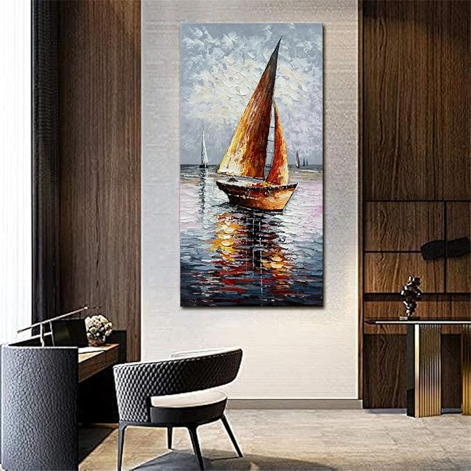 zoinart Sailboat Oil Paintings on Canvas 24x48 Inches Modern Abstract Vertical Wall Art Sailing Boat On The Sea Acrylic Artwork Living Room Bedroom Home Decorations