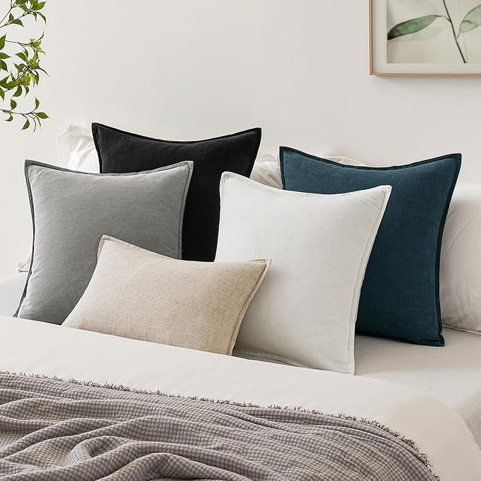 EMEMA Decorative Linen Throw Pillow Covers 22x22 Inch Light Grey Boho Farmhouse Neutral Couch Throw Pillows for Bed Pack of 2 Accent Pillowcase Modern Sofa Cushion Livingroom Home