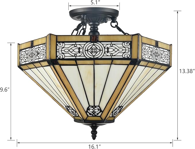 SAMTEEN Tiffany Style Semi Flush Mount Ceiling Light 3-Light Stained Glass Ceiling Light 16 Inches Tiffany Flush Mount Light Fixture for Hallway Foyer Bedroom Kitchen Living Room