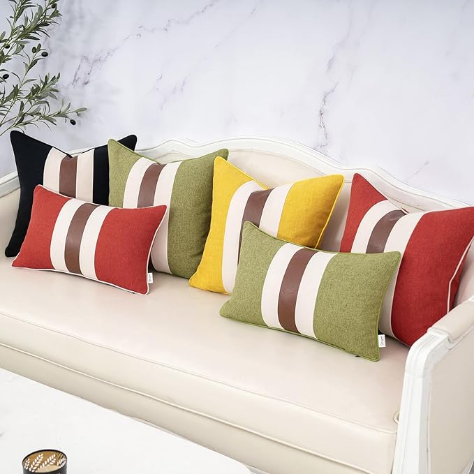 Yangest Patchwork Pillow Cover 20x20 Inch Luxury Cotton and Linen Cushion Cover Faux Leather Pillowcover for Couch Bedroom Living Room, Green