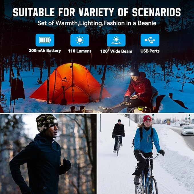 Christmas Stocking Stuffers for Men Adults, Beanie Hats with Light, USB Rechargeable LED Hand Free Headlamp, Birthday Gifts for Men, Women, and Teens, Ideal for Camping, Hiking, 2 Pack, Camouflage