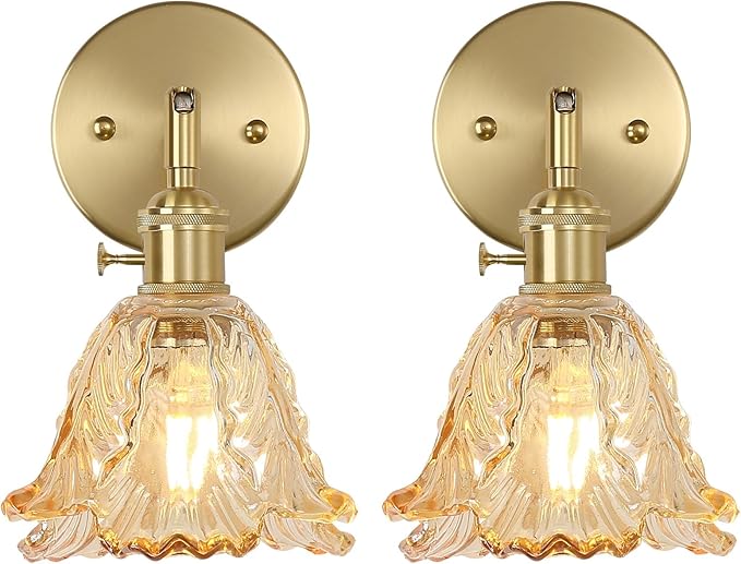 Vintage Wall Sconces Set of 2, Cabbage Amber Lampshade & 180 Degree Adjustable, Brass Wall Lights, for Bedroom Living Room Hallway Aisle, Bulbs Not Included, ETL Listed