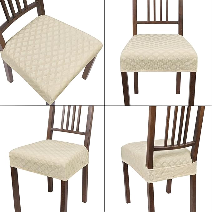 SearchI Stretch Dining Chair Seat Covers Set of 6, Soft Removable Washable Seat Covers for Dining Chairs, Dining Room Seat Cover Slipcover Protector (Rear-Covered, Beige Diamond Jacquard)