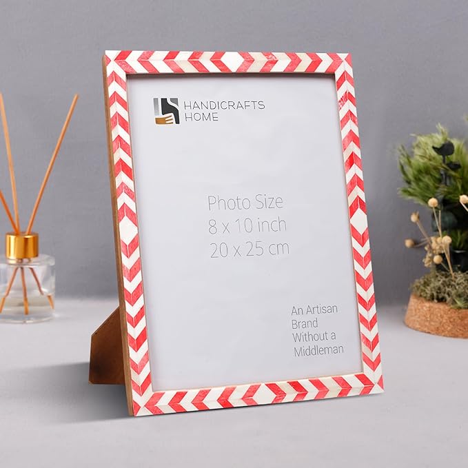 Handicrafts Home 8x10 Chevron Mosaic Picture Frame– Handmade Bone Inlay Photo Frame for Tabletop & Wall Decor, Christmas Gift, Holiday Home Decor, Colorful Desk & Shelf Decor- Red White Picture Frame