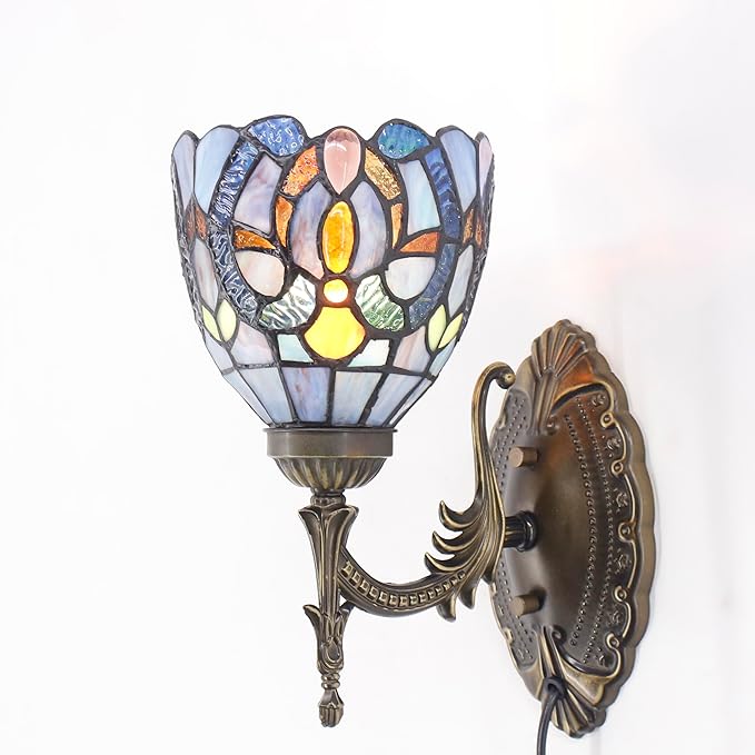 Tiffany Wall Sconce Lamp Plug in 6X8.5X11 Inch Stained Glass Wall Light Mount Fixture for Hallway Bedroom (Blue Purple)