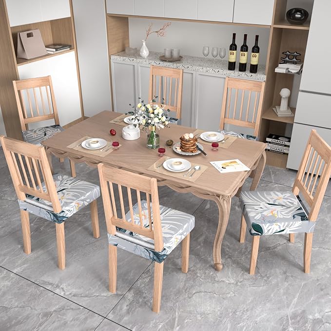 Stretch Dining Chair Seat Covers Set of 6,Dining Chair Slipcovers, Floral Printed Chair Covers,Soft Fabric Washable Upholstered Chair Seat Protector, No Rear Covers for Home Kitchen Dining Room
