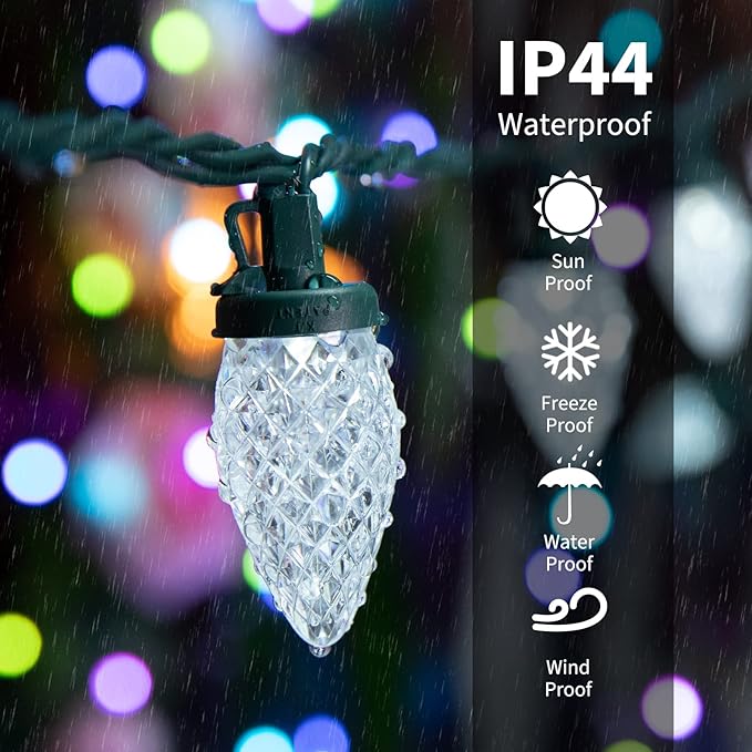 Brightown C9 Christmas String Lights White, 66ft 100 LED Faceted Christmas Lights on Green Wire, Plug-in Large Bulb Strawberry String Lights for House Roof Roofline Christmas Tree Party Outdoor