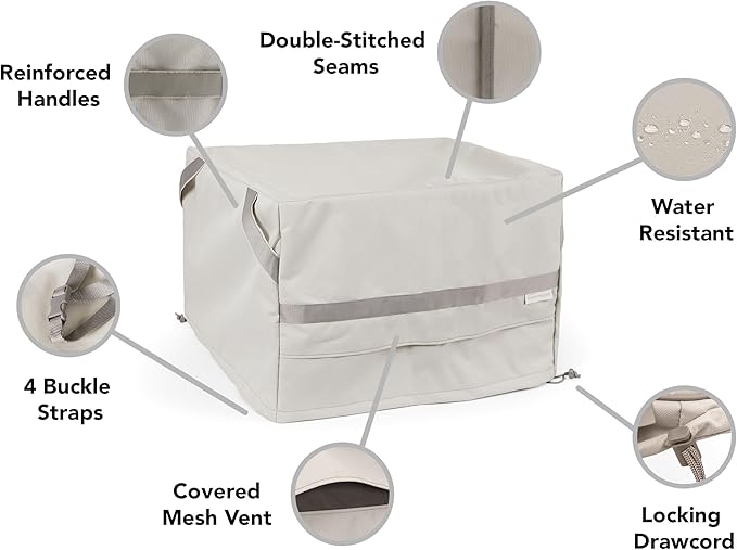Covermates Prestige Square Ottoman Cover – Premium 900D Polyester, Waterproof, Drawcord Hem, Mesh Vents & Buckle Straps, Heavy-Duty Outdoor Patio Protection, 18W x 18D x 18H, Stone