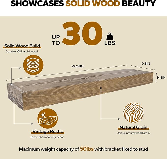 Floating Shelves 3 inch Thick for Wall Set of 2,Solid Pine Wood Wall Mount Shelf for Kitchen Living Room Bedroom Bathroom,8" D x 24" L x 3" H-Dark Walnut