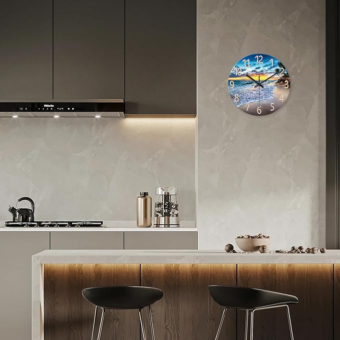 Beach Clocks Wall Decor Glass Modern Coastal Wall Clock Silent Non Ticking Blue Ocean Wall Clock Battery Operated 14 Inch