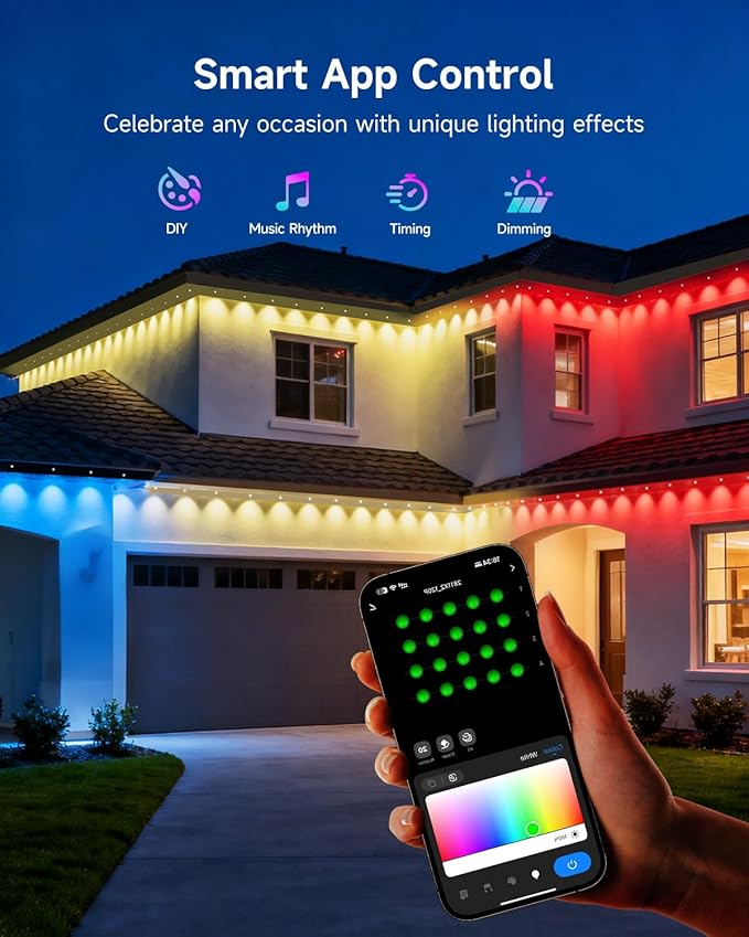 Permanent Outdoor Lights for House, 150FT with 90 RGBCW LEDs for Christmas, Daily and Holiday Lighting, Eave Lights for Outdoor Decorations, IP67 Waterproof, Works with Alexa, Google Assistant, White