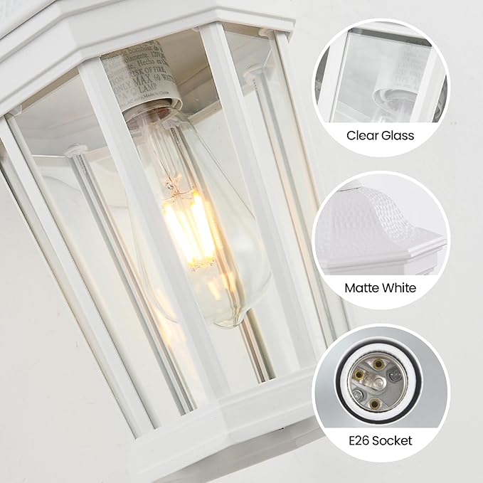 Outdoor Wall Lantern, Waterproof Exterior Wall Light Fixtures, Outdoor Porch Light Fixtures Wall Mount in White Finish with Clear Glass, Aluminum Alloy, 60W