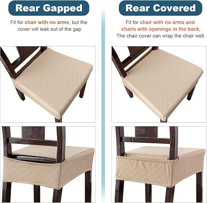 Genina Waterproof Seat Covers for Chairs,Set of 6 Dining Room Chair Seat Covers for Kitchen,Stretch Jacquard Removable Washable Dining Chair Slipcovers Protectors,No Rear Covers, Khaki