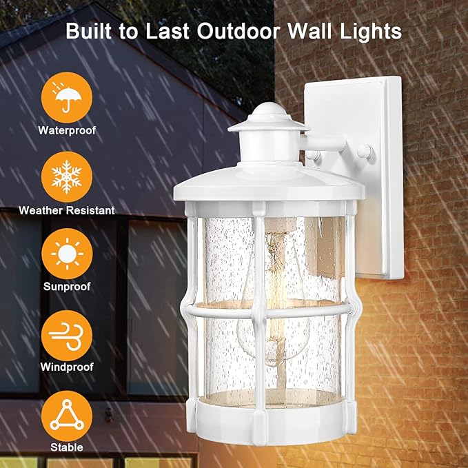 Outdoor Wall Sconces, Outdoor Wall Lights, Exterior Wall Mount Lighting, Modern Wall Light Fixture in White Finish with Seeded Glass for Front Porch, Entryway, Garage, Backyard, 2 Pac
