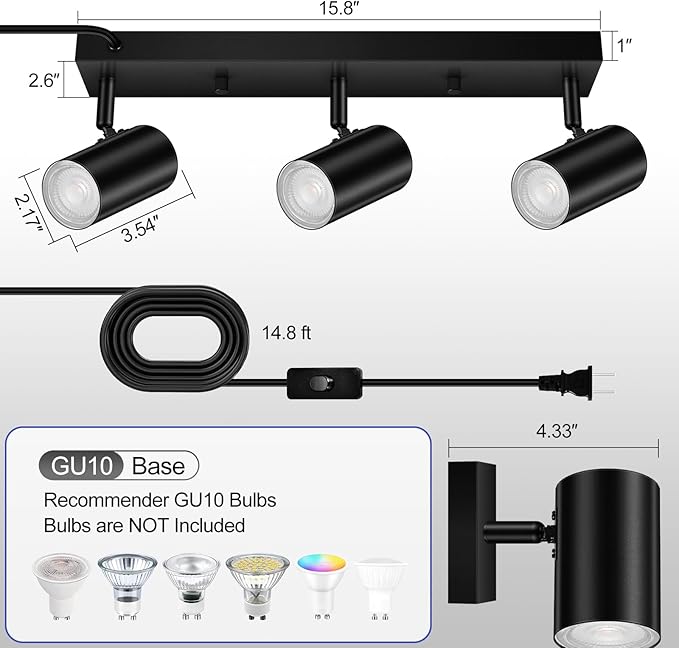 BoostArea LED Track Lighting Ceiling Fixtures, Black 3-Light Plug in Track Lights for Kitchen, 3 Way Ceiling Spotlight, 15 FT Cord,Flexibly Rotatable Wall Mount Light Head for Bedroom Hallway