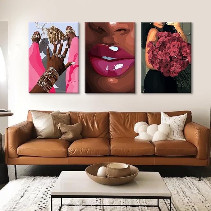 Black Girl Wall Art African Woman Canvas Wall Decor Pink Black Women People Art Fashion Poster African American Girl Picture Abstract Flower Painting for Bedroom Living Room 12x16x3 Inch Ready to Hang