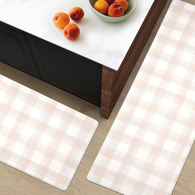 FRESHMINT Modern Farmhouse Plaid 2 Piece Set Kitchen Mats for Floor Anti Fatigue Waterproof & Non-Skid Kitchen Rugs Cushioned Kitchen Mat for Standing Washable Comfort Desk Kitchen Runners