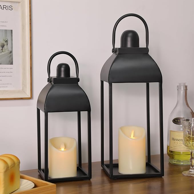 Lanterns Decorative Outdoor Indoor, Black Metal Outdoor Lanterns, 17'' 13'' Set of 2 Modern Farmhouse Candle Lantern Decor Rustic Lanterns Centerpieces for Patio, Front Porch, Mantel, Wedding