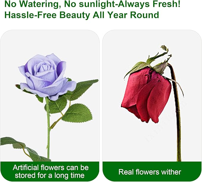 Artificial Flowers Roses Touch Fake Rose Bouquet Flower Stem For Wedding Centerpieces Diy Wreath Home Decorations Silk Roses Mothers Party Fake Outdoor Flowers Decor 19.6"(Light Purple 50PCS)