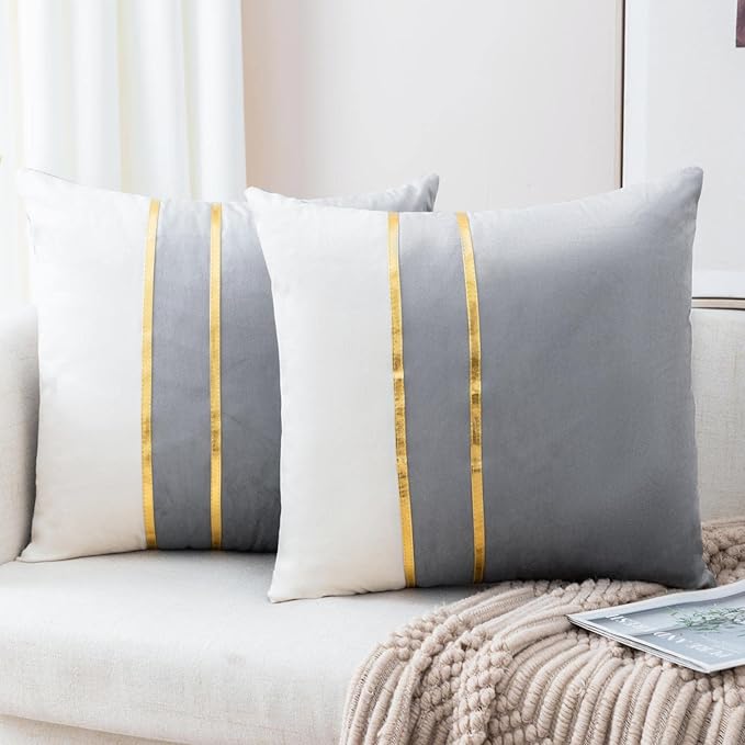 ZLINA Set of 2 Velvet Decorative Throw Pillow Covers Grey White Patchwork with Gold Leather Pillow Covers 16 × 16 Inch Cushion Covers Decor Living Room Sofa Bedroom Car