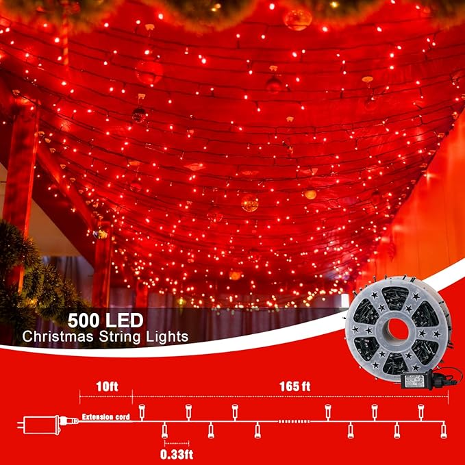 QITONG 165ft 500 LED Red Christmas Lights, Christmas String Lights Outdoor Waterproof Plug in, Green Wire Twinkle Light Indoor with 8 Modes